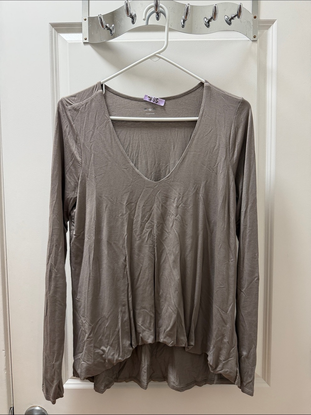 Three Dots Taupe Long Sleeve V-Neck Top